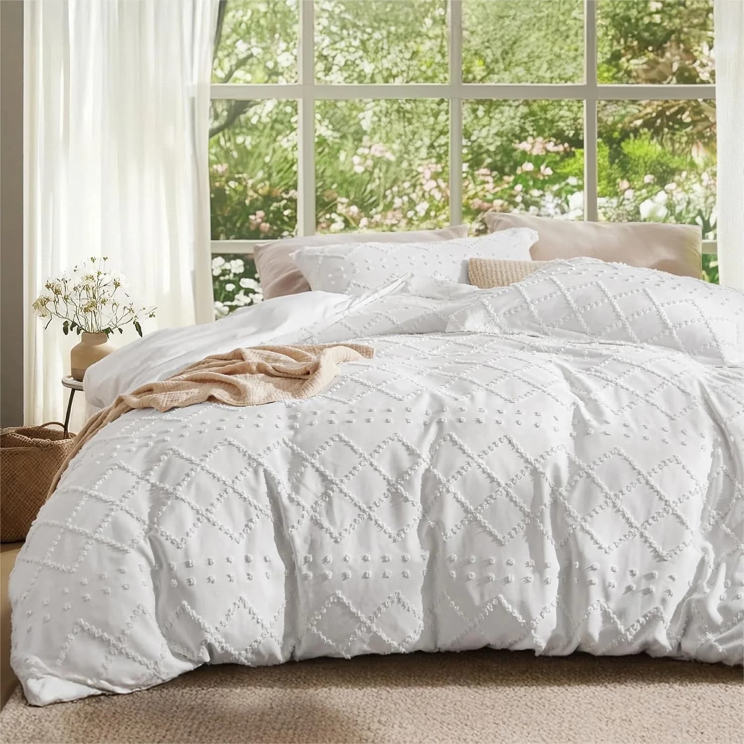 Boho Duvet Cover Queen Size - Soft White Comforter Cover with Geometric Embroidery and Zipper Closure