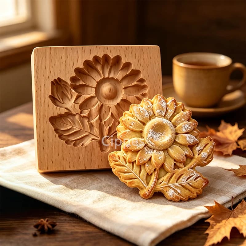 Wooden Cookie Molds with Flower Patterns, 3D DIY Carved Embossed Cookie Cutter Moulds for Baking, Springerle Fondant Biscuit
