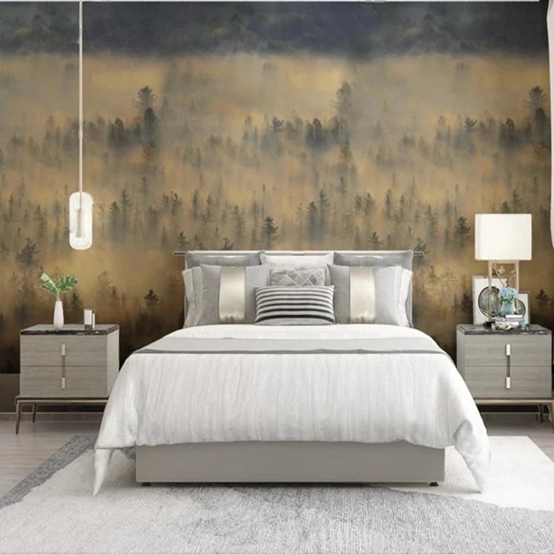 New Chinese-style misty pine forest pine trees meditation Mountain Nature Scenery flying birds TV Sofa Living Room Office