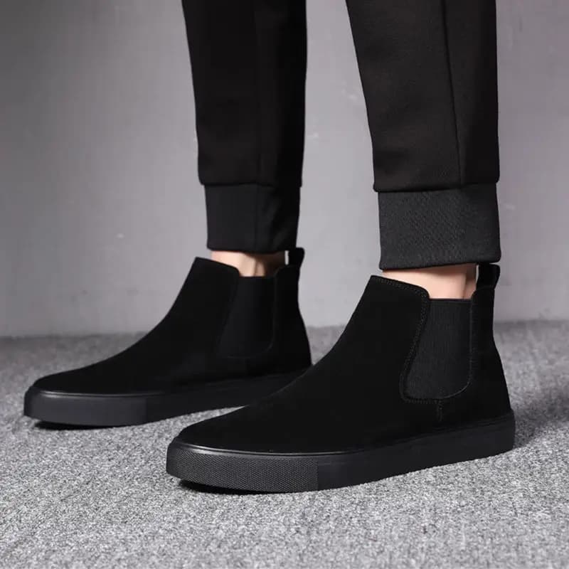 men's casual chelsea boots black stylish cow suede leather shoes slip-on flats platform ankle boot handsome cowboy short botas