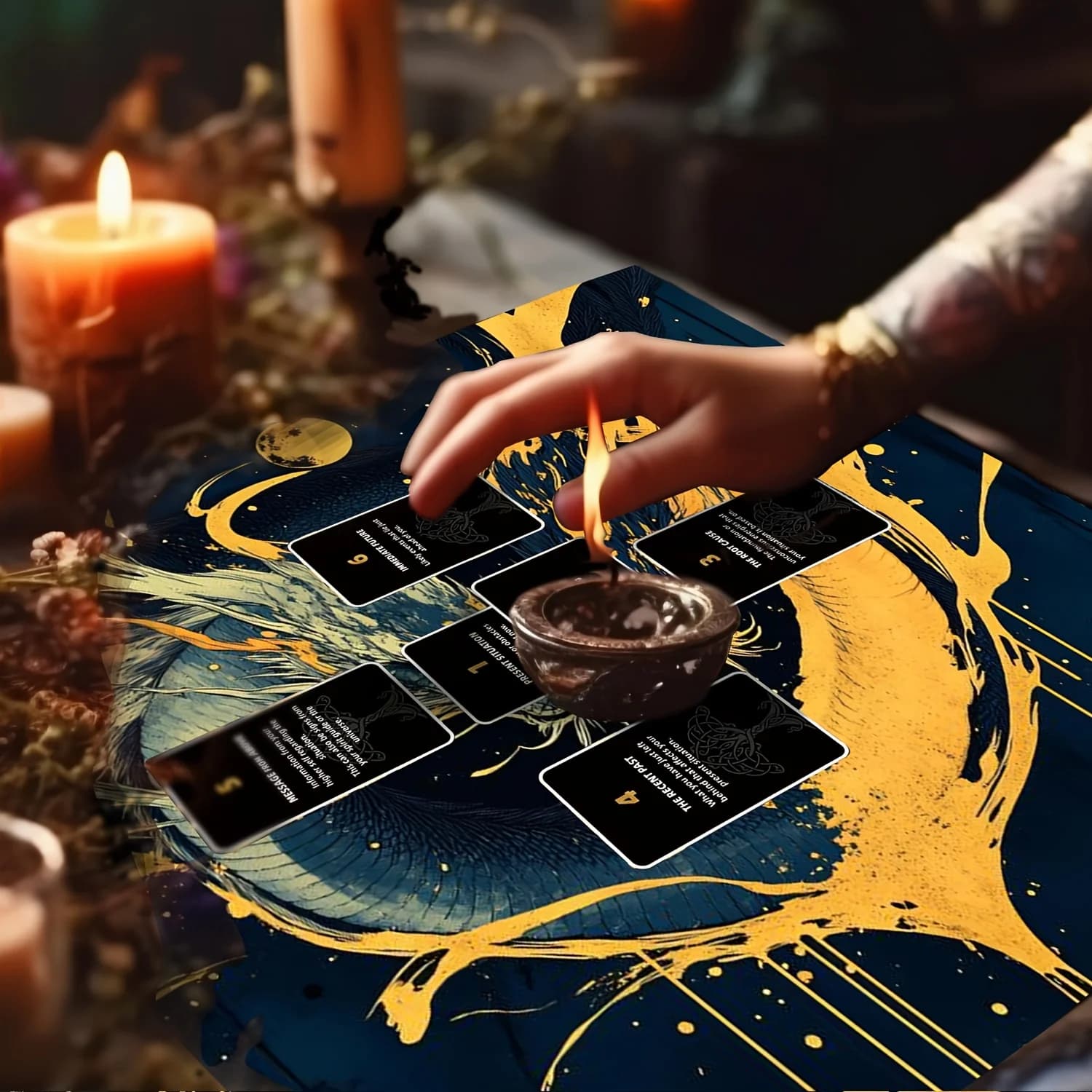 Tappeto da Divinazione Drago Inchiostro Mistico - Telo per Tarocchi a 10 Carte con Stampa Dorata e Luna Celeste per Esoterismo