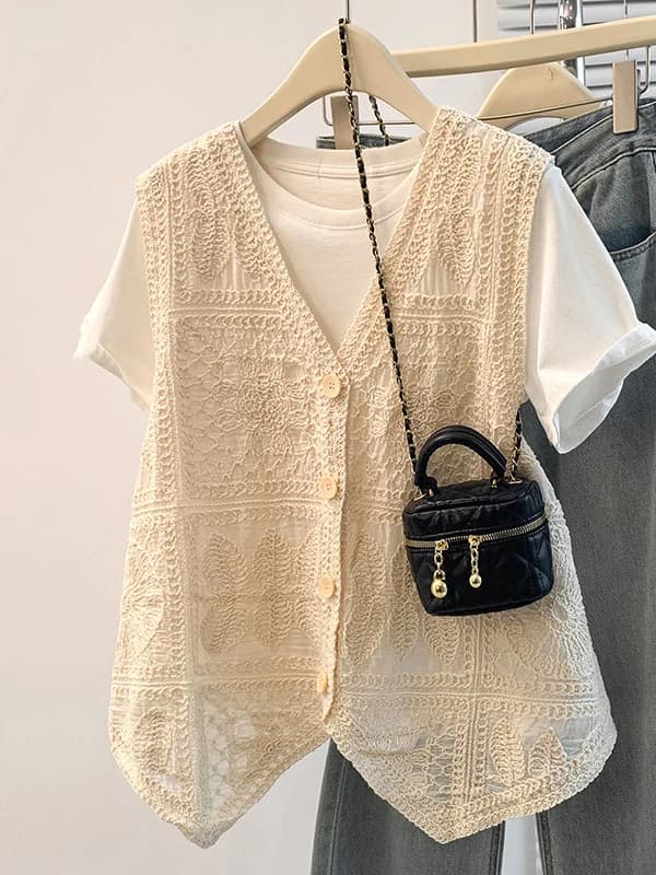 Bohemian Hollow out V-Neck Women's Jacket Vest Irregular Layering plus Size Spring 2026 Early Fashion Outerwear Top