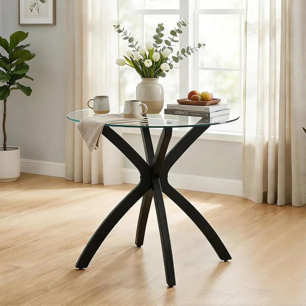 Tavolo da pranzo moderno con piano in vetro temperato, 2-4 posti, rotondo da 31,5 pollici, gambe in legno massello, adatto per cucina o soggiorno (Nero)