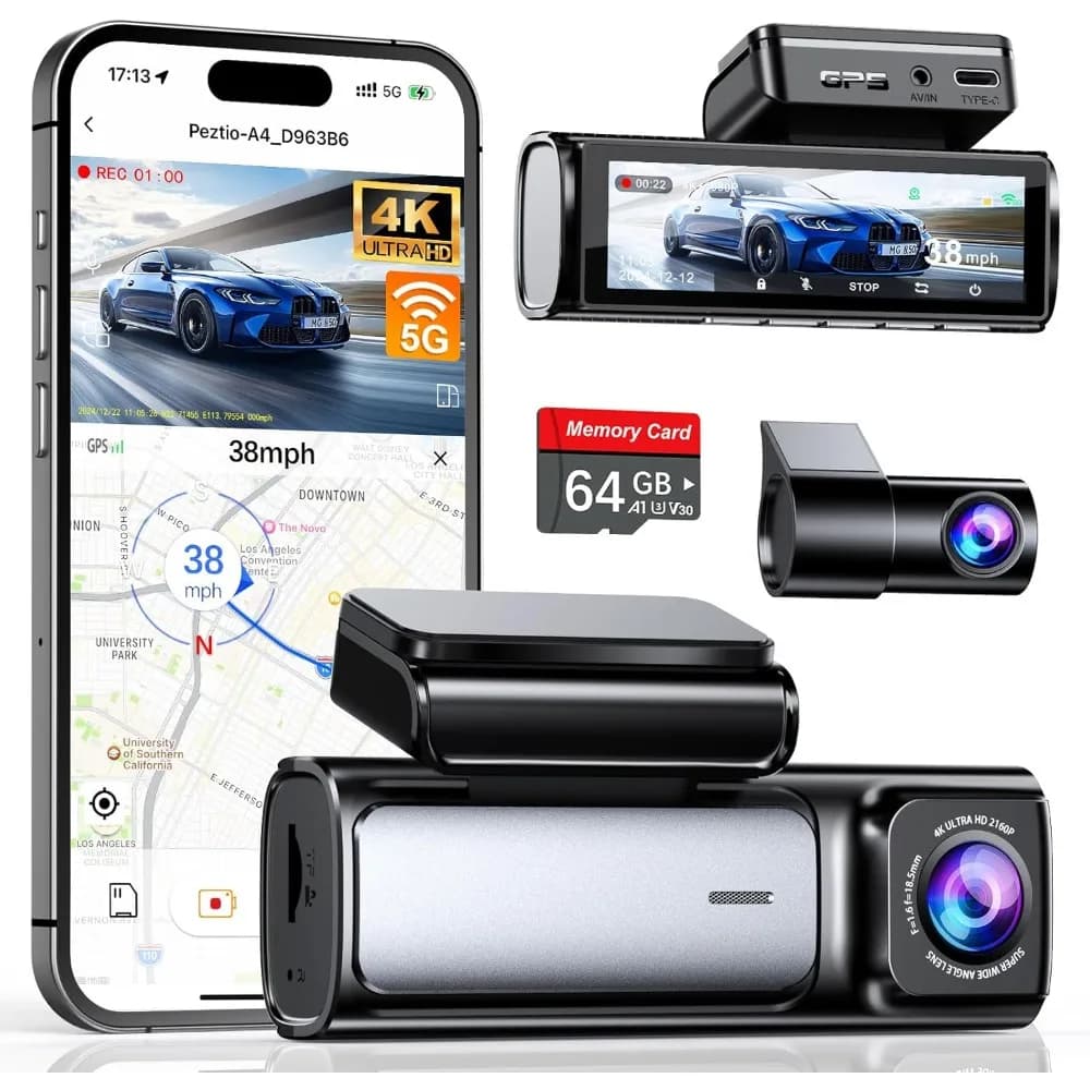 Dash Cam 4K front and rear, GPS WiFi 5G integrated, 64 GB card included, loop recording, WDR, night vision, 24-hour parking monitor