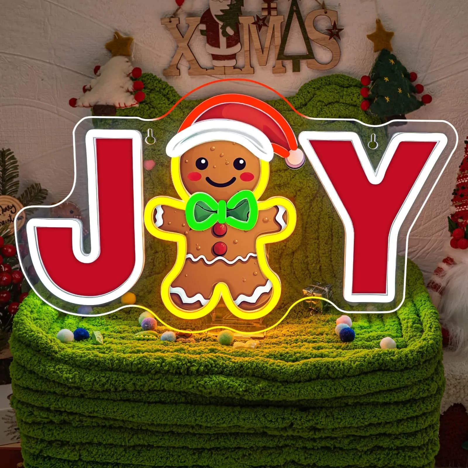 JOY Gingerbread Man LED Insegna al neon Stampa UV Insegna luminosa per la decorazione della parete Dimmerabile Natale Cappello da Babbo Natale Insegna illuminata per le vacanze H