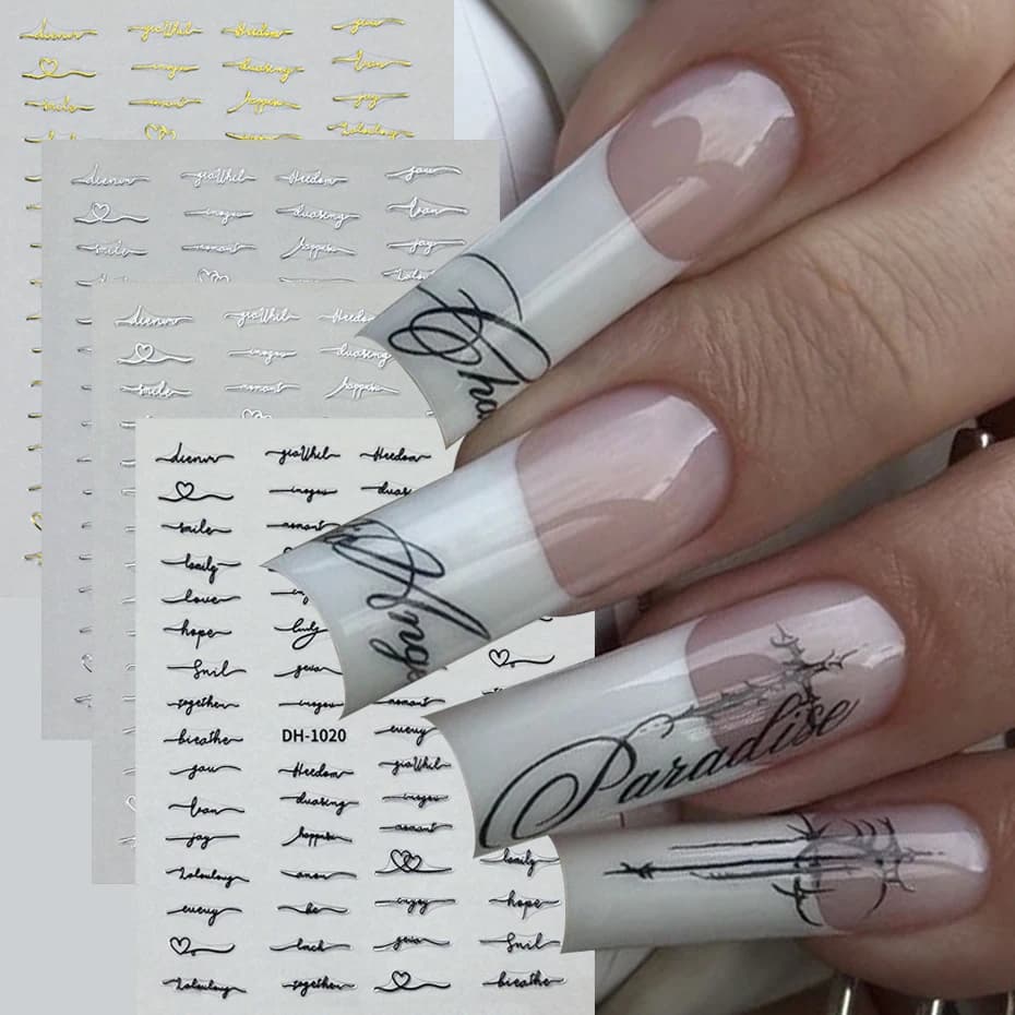 4 adesivi 3D per unghie con lettere inglesi, decorazioni artistiche semplici con lettere e cuori, charm adesivi per unghie, decorazioni fai da te per unghie.