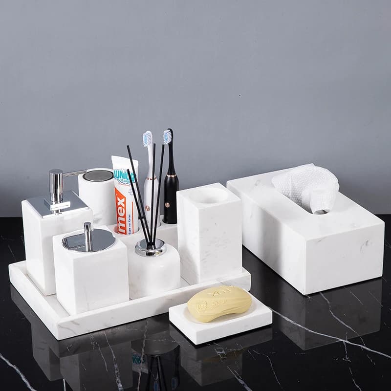 Volakos Accessori da bagno in marmo naturale bianco Minimalismo Dispenser di sapone Portaspazzolino Scatola per fazzoletti Set da bagno