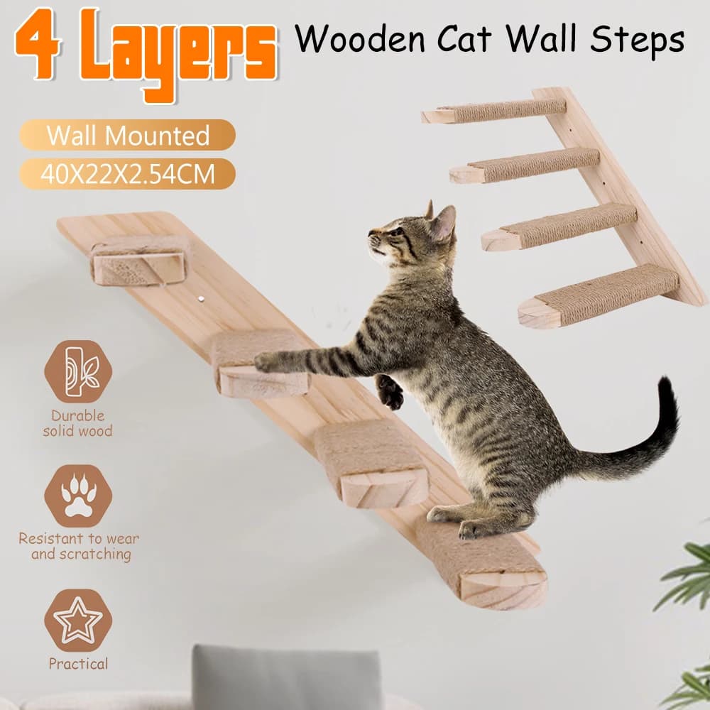 Mensola da arrampicata per gatti montata a parete Scala da arrampicata per gatti in legno massello a quattro gradini Struttura da arrampicata per gatti Gradini da parete per animali domestici Forniture per alberi per gatti