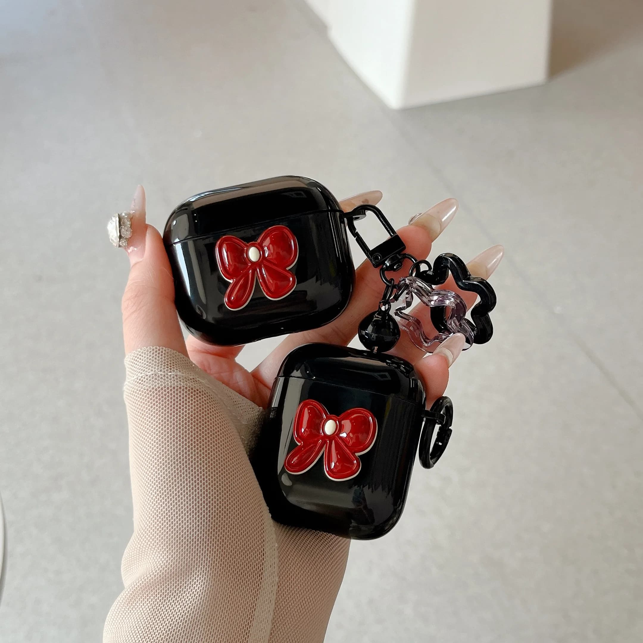 Per Airpods 4 Custodia Cute 3D Red Bow Protezione antiurto TPU Cover nera con gancio per Apple AirPods Pro 2 3 1 Pro2 Custodia AirPods