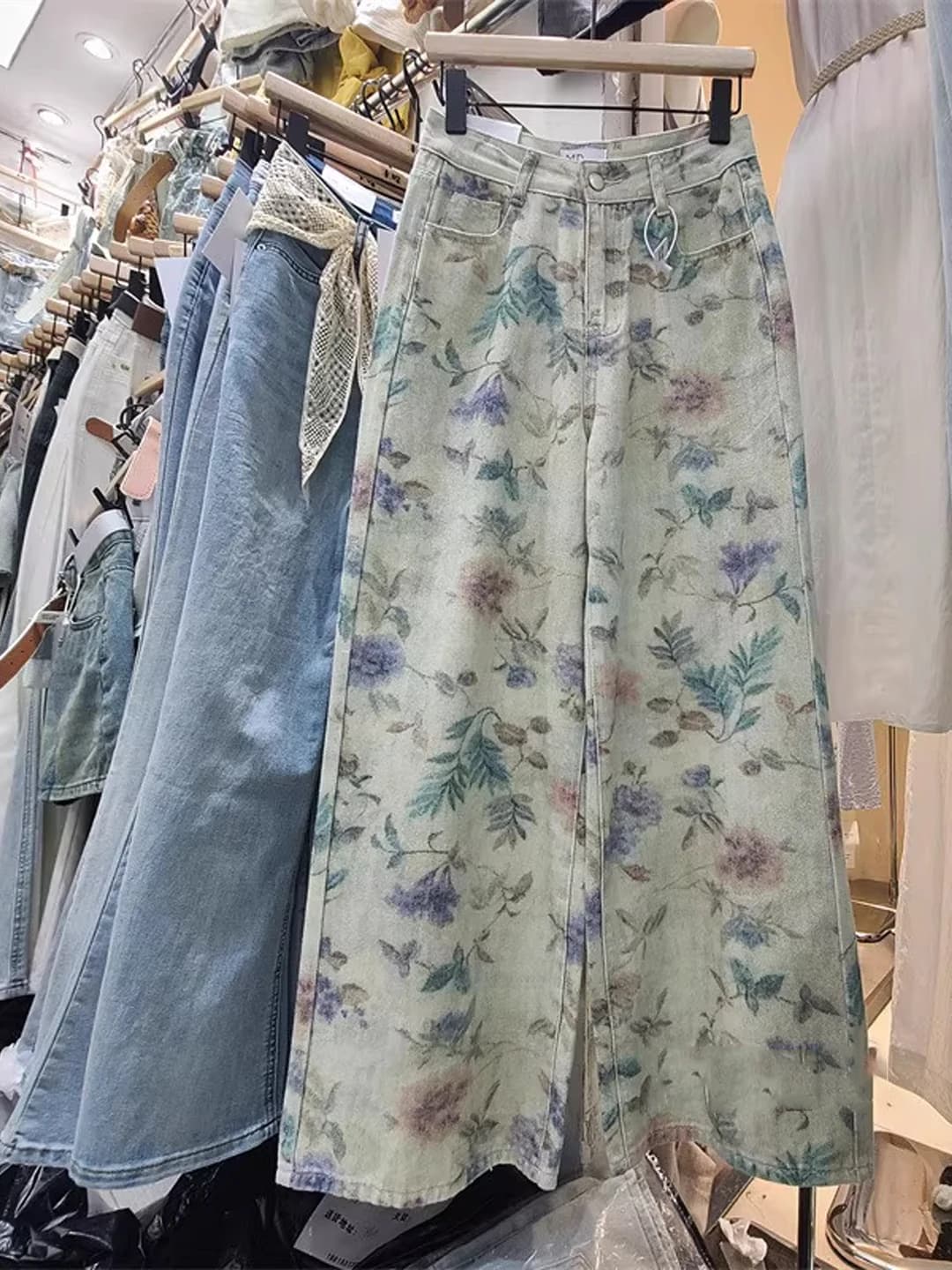 Jeans a Gamba Larga con Stampa Floreale alla Moda, Taglio Dritto, Vita Alta, Denim Modellante, Pantaloni Lunghi Casual da Donna