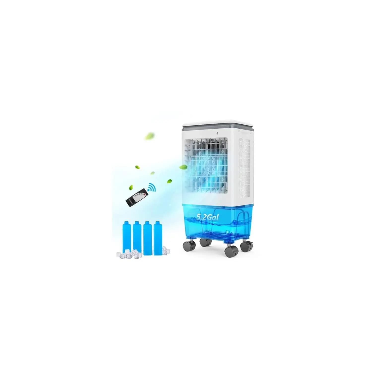 Raffrescatore Evaporativo Portatile 1400CFM 5.2Gal con Telecomando, 3 Velocità, Timer 12H, 4 Pacchi Ghiaccio, Ventilatore Umidificatore per Interni Personalizzabile