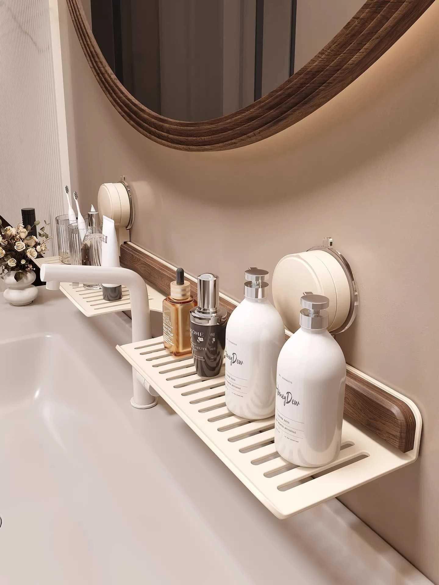 Bathroom Walnut Wood Suction Rack No Drilling Wall Mounted Washstand Storage Shelf Toilet Paper Holder Organization Bracket