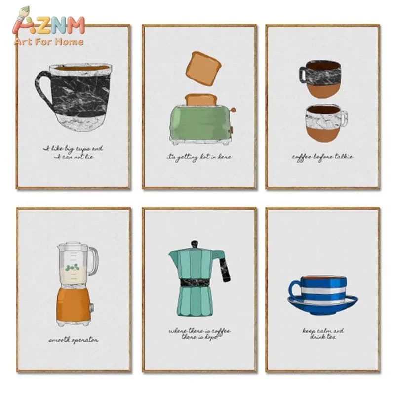 AZNM Retro Kitchen Coffee Tool Canvas Wall Art Moka Pot Toaster Blender Funny Quote Print Unframed Canvas Minimalist Cafe Dining