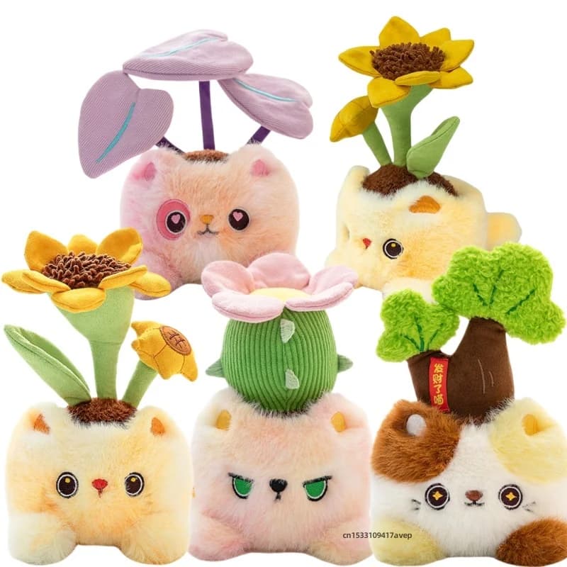 Super carino gatto vaso di fiori giocattoli di peluche pianta grassa cactus girasole albero dei soldi viola taro lascia cartone animato gattino pianta maculata