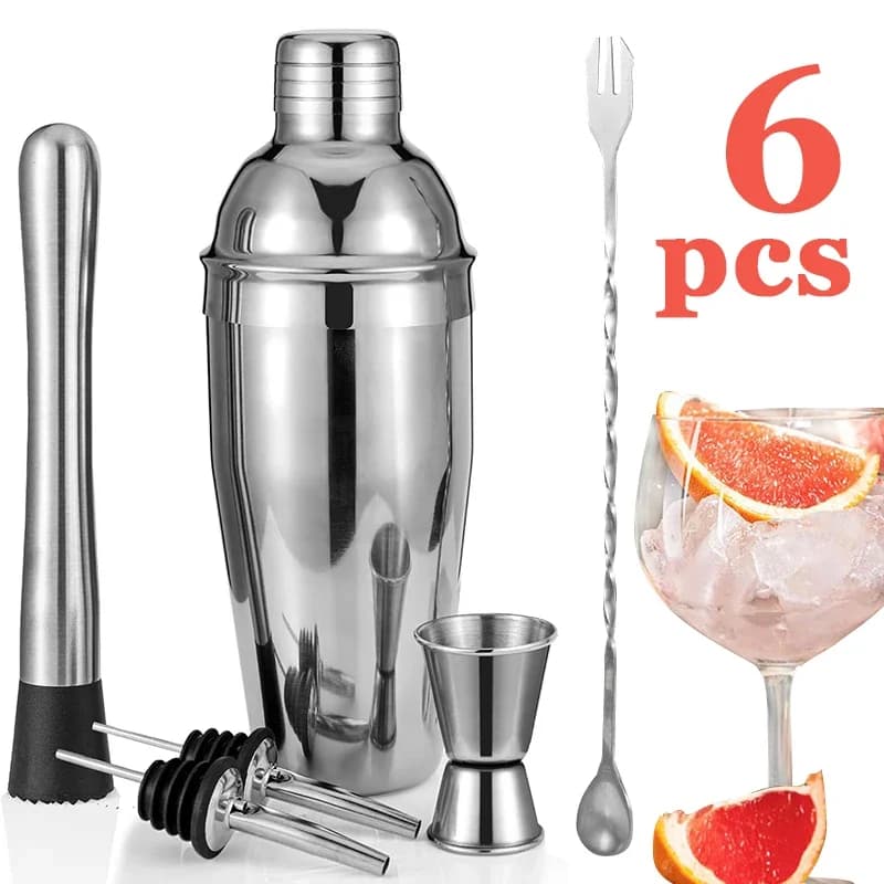 Cocktail Shaker Set 6pcs Mixology Bartender Kit Shakers Bartending Mixing Spoon Tools Set with Built-in Bartender Strainer