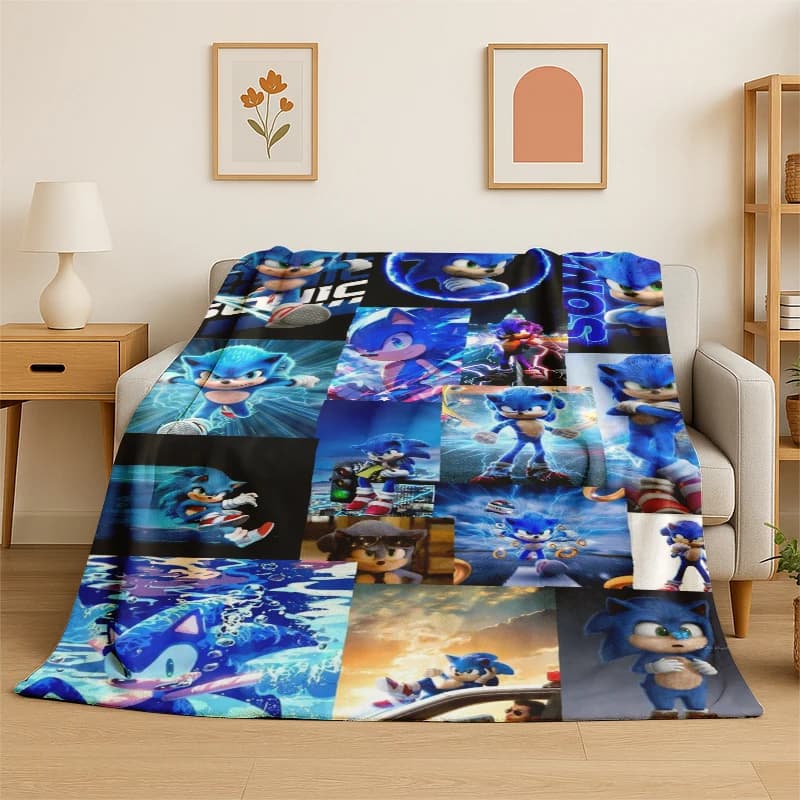 Coperta in flanella classica S-Sonic con motivo cartone animato, morbida e calda, ideale per camera da letto, soggiorno, letto, viaggi, campeggio, picnic, regalo
