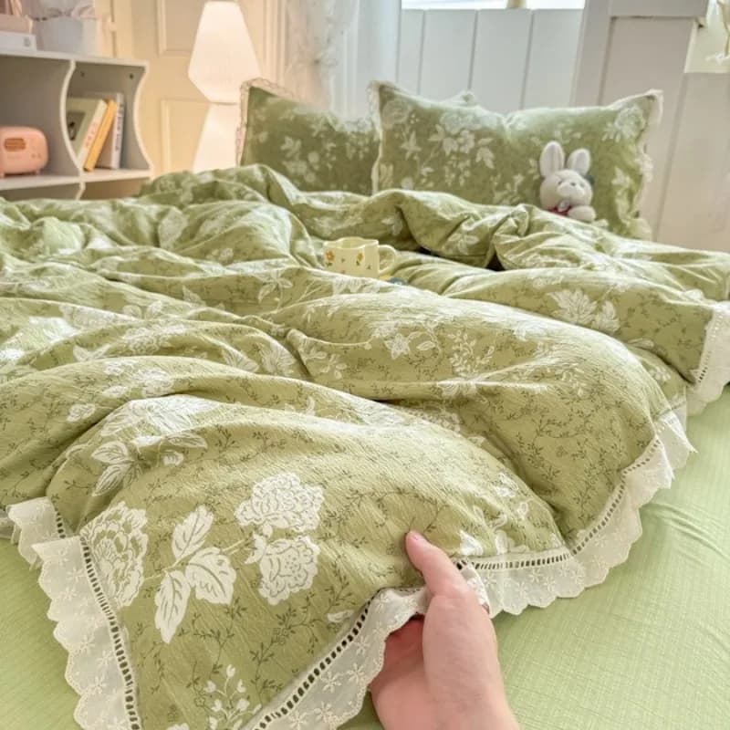 2025 new set of four pieces in wrinkled cotton with cable lace, set of three pieces for dormitory for domestic students, bedspread