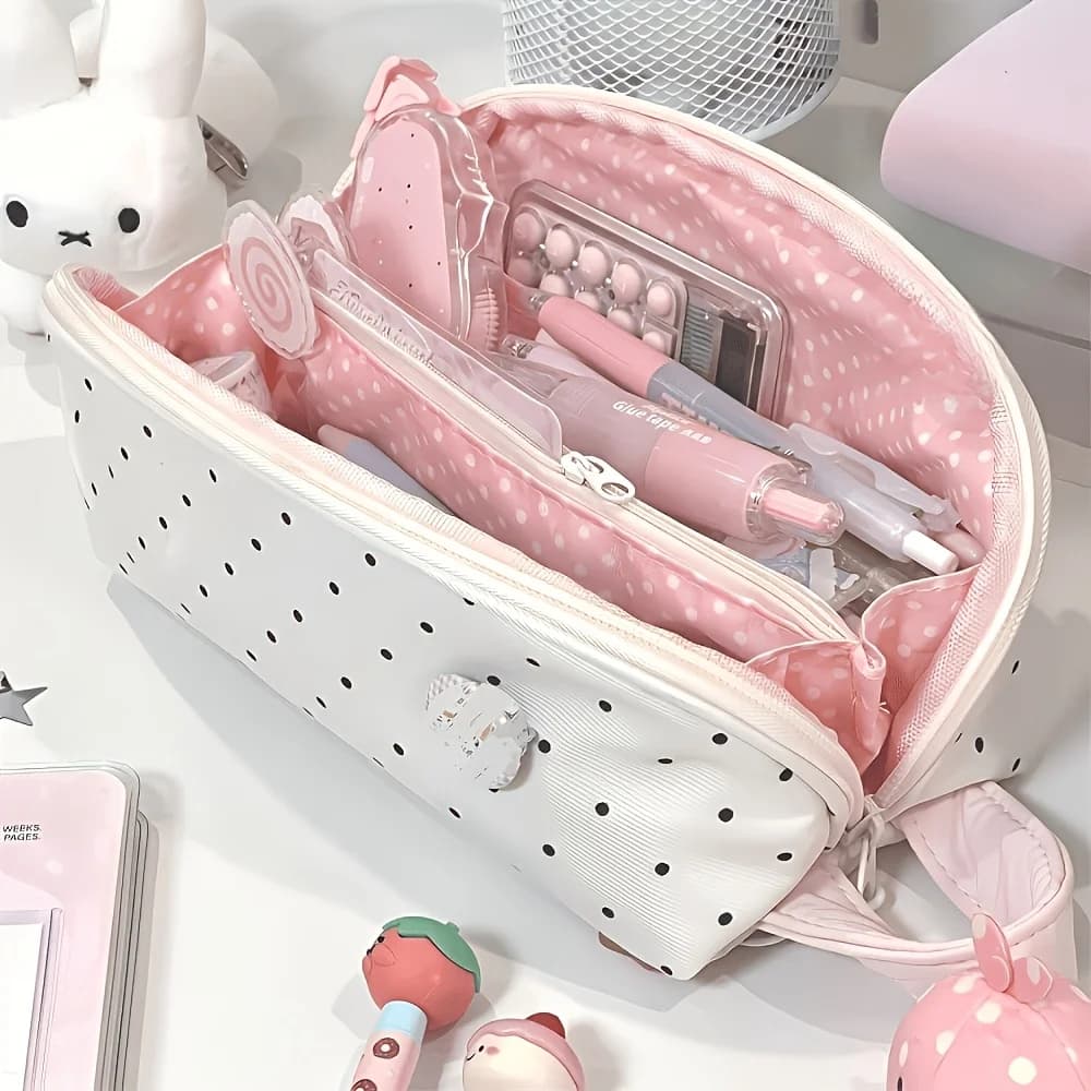 Astuccio Kawaii a Pois con Motivo a Conchiglia, Grande Capacità, Multi-Scomparto, Porta Penne, Organizer per Cancelleria, Borsa per Studenti, Scuola e Viaggi