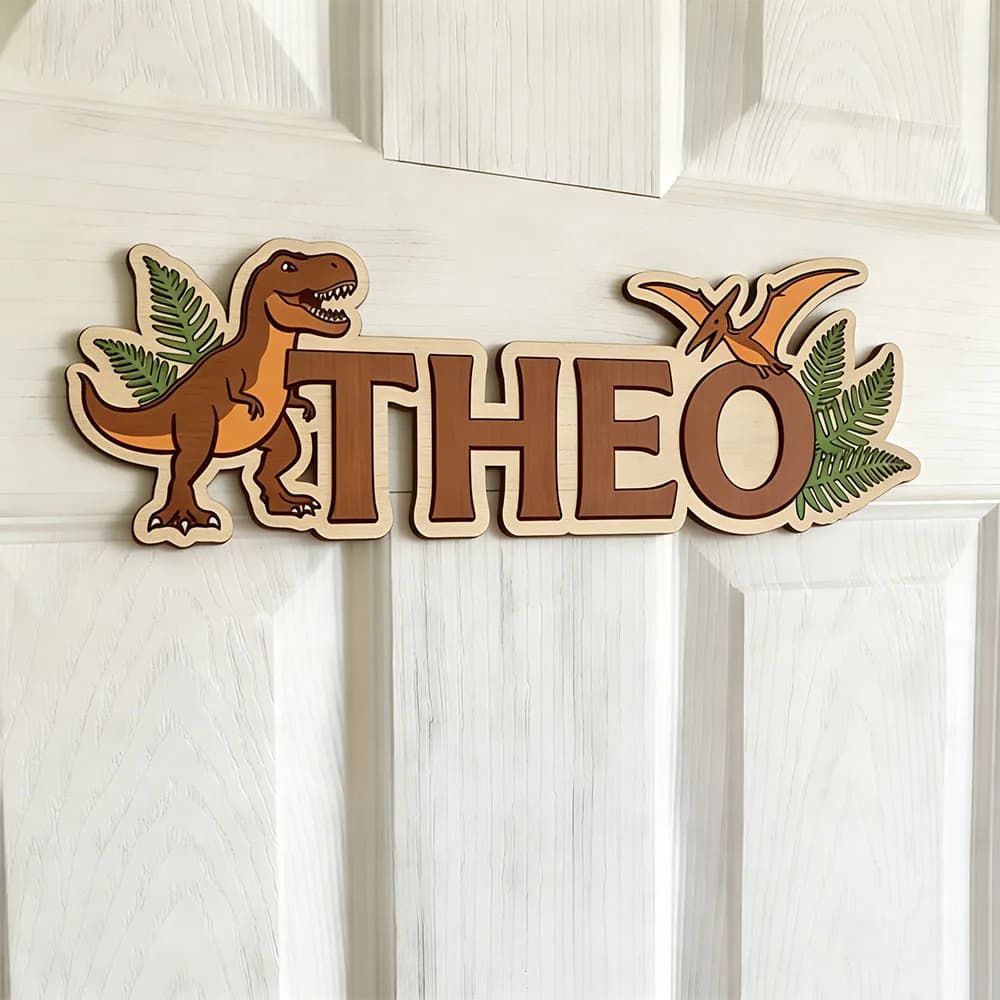 Targa personalizzata con nome di dinosauro per il bambino più caro, decorazione in legno per la cameretta con T-Rex e Pterodactyl, graziosa targa da appendere alla porta per bambini, neonato