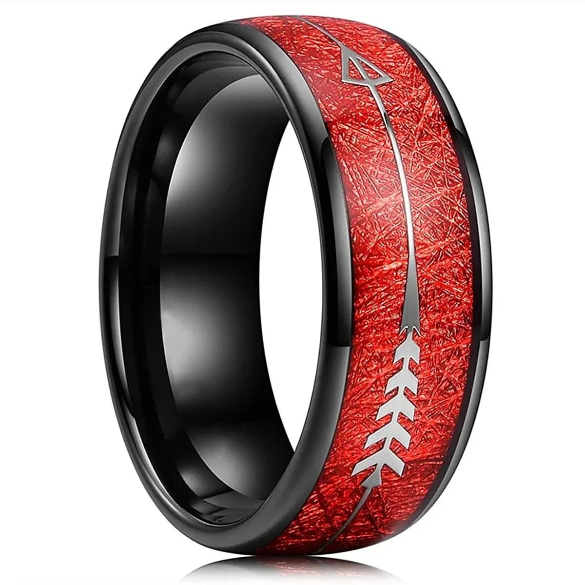 Moda 8mm uomo nero acciaio inossidabile freccia anelli per uomo intarsiato rosso meteorite anelli fede nuziale gioielli trasporto di goccia