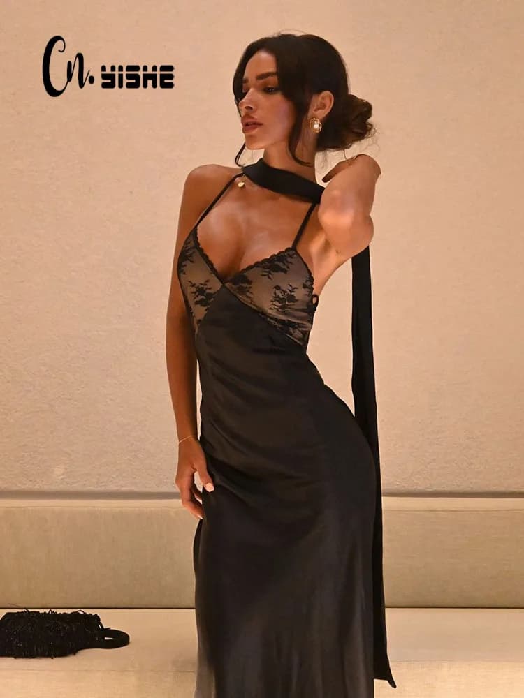 CNYISHE Patchwork di pizzo Backless Canotta Abiti da donna Senza maniche Scollo a V Abiti Sexy Club Fashion Solid Abiti femminili Vestaglie