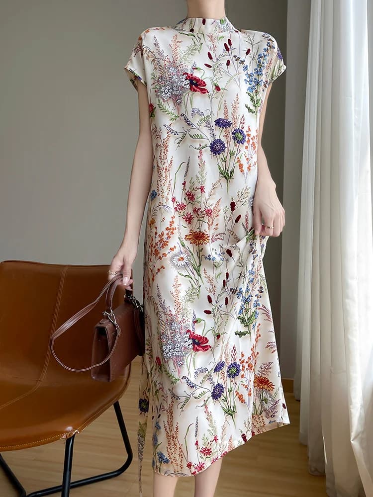 Summer New Women's Short Sleeve Satin Print Dress High Collar Long Dress Luxury Feel Belted Half High Collar Qipao ...