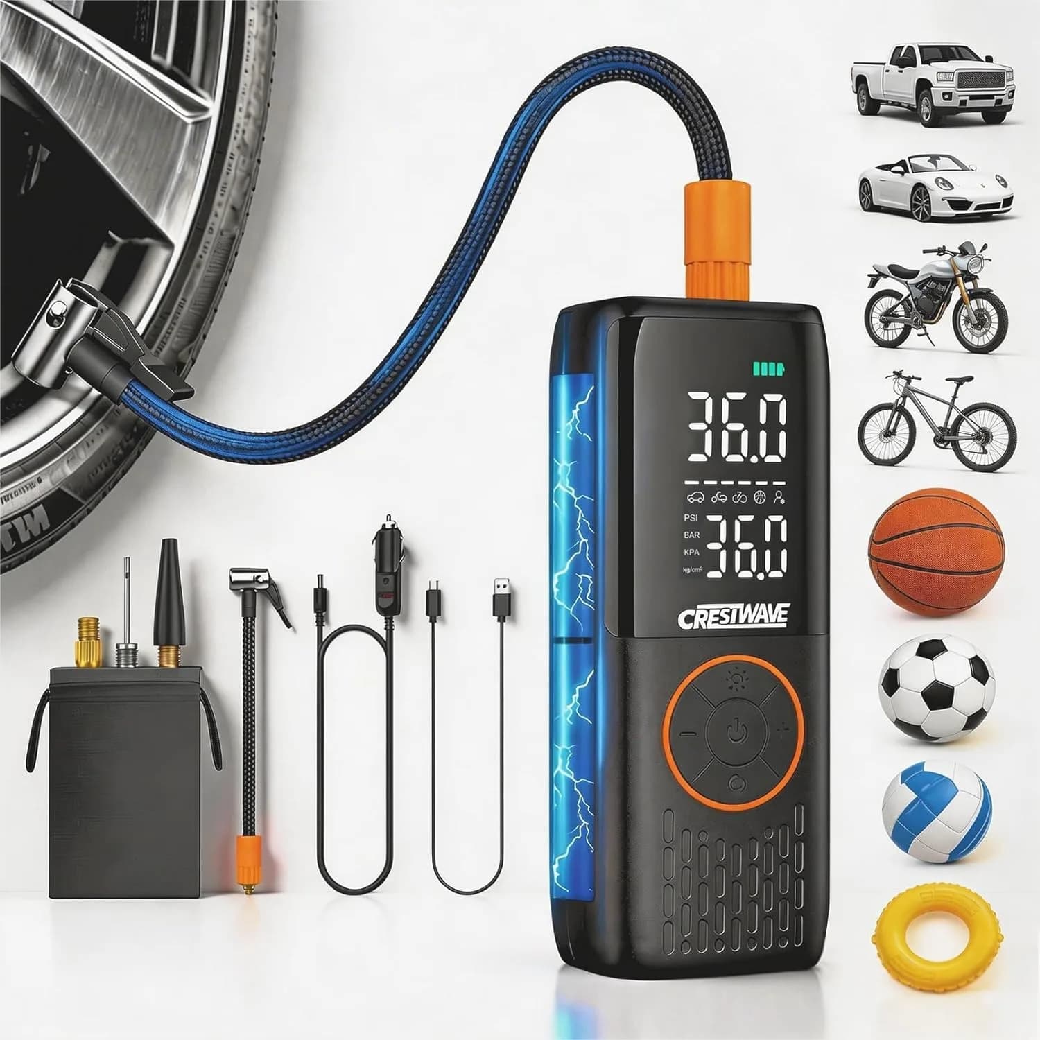 Compressore d'aria portatile 20000mAh 150PSI con manometro digitale e spegnimento automatico per gonfiaggio rapido di auto, bici, moto e palloni