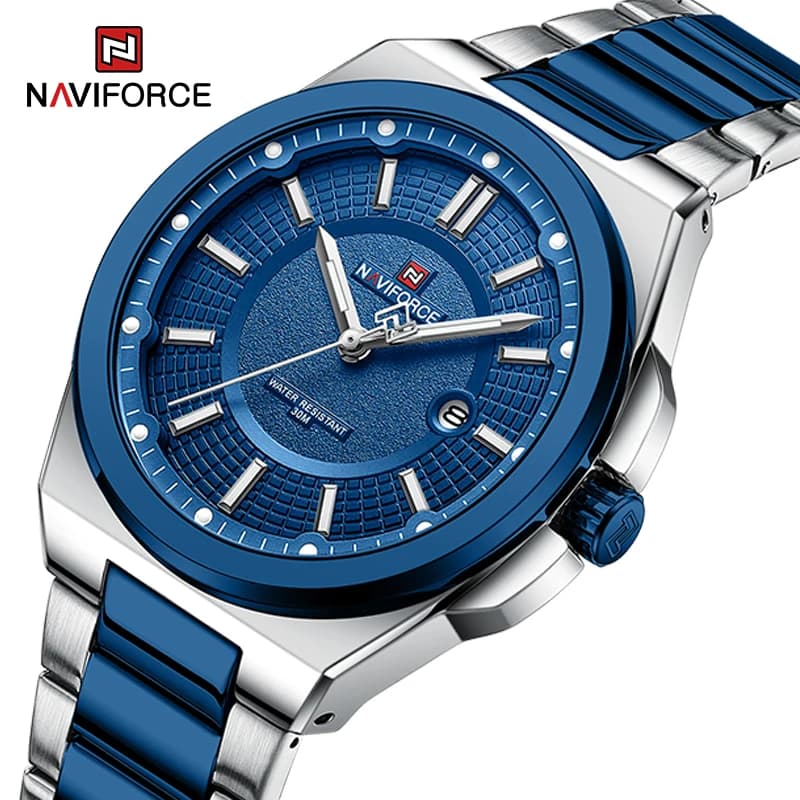 NAVIFORCE Orologio da uomo al quarzo, moda business, impermeabile fino a 30 m, cinturino in acciaio inossidabile, display con data, chiusura pieghevole, orologio da polso resistente