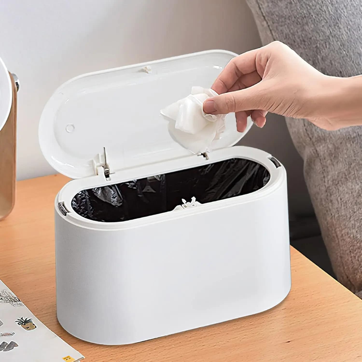Mini Trash Can with Lid Removable Small Garbage Can, Pop Up Countertop Wastebasket for Bathroom Office Kitchen Desk White