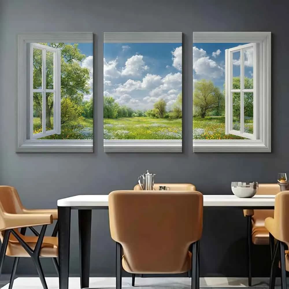 [2D Flat]3pcs 11.81*15.74in/30*40cm Frame Art Home Decor Painting Scenic Window View of Lush Green Trees and Colorful Flowers Un