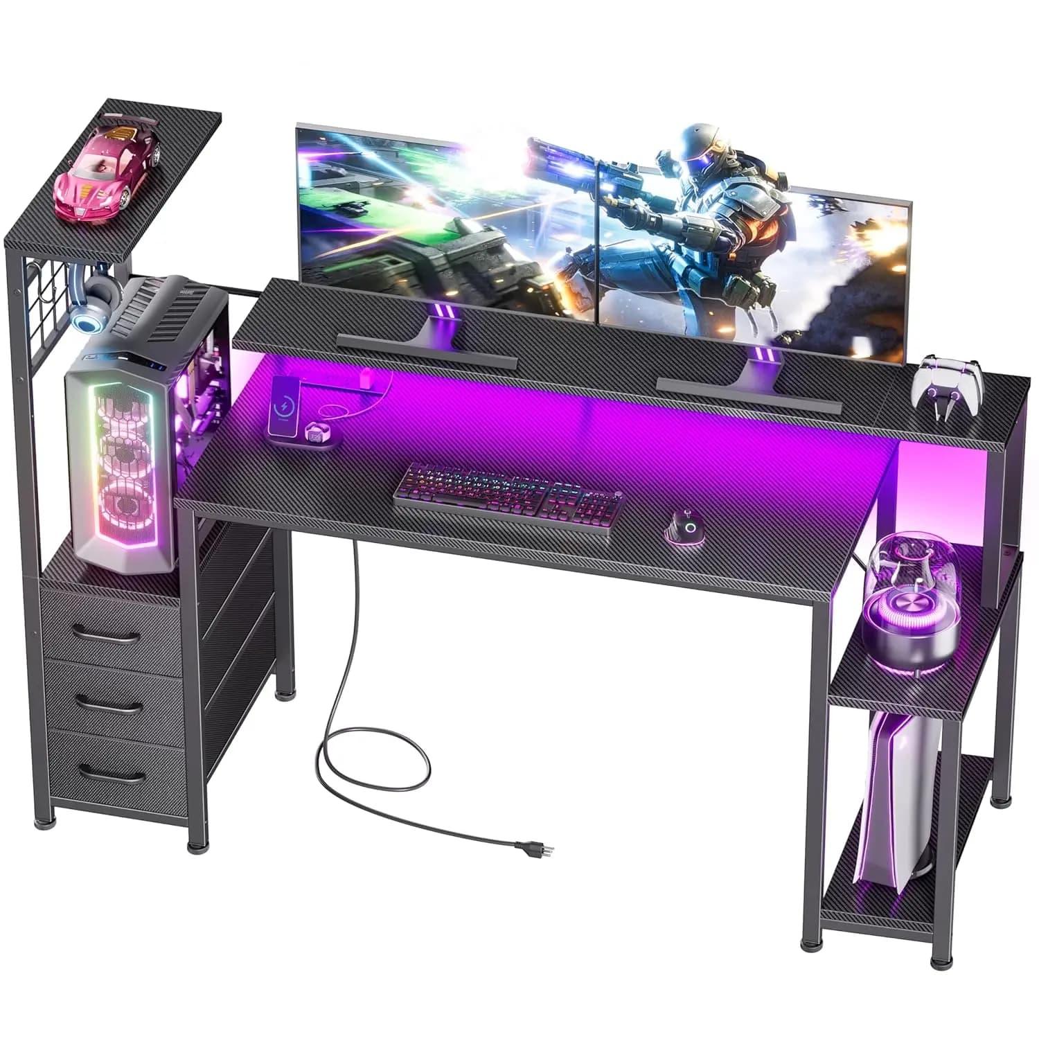Desktop from Gaming 55 Inches with LED Clamps, Fabric Drawers, Reversible Monitor Support, for Games Room and Home Office, Custom Carbon Fiber