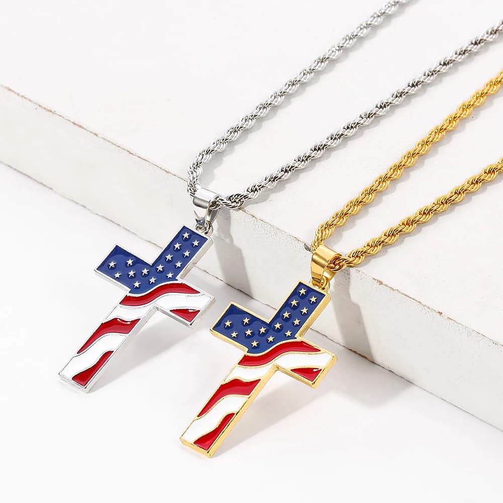 Hip Hop Punk American Flag Cross Necklace Fashion Personality Pendant Unisex Jewelry Accessories Pendent Gift