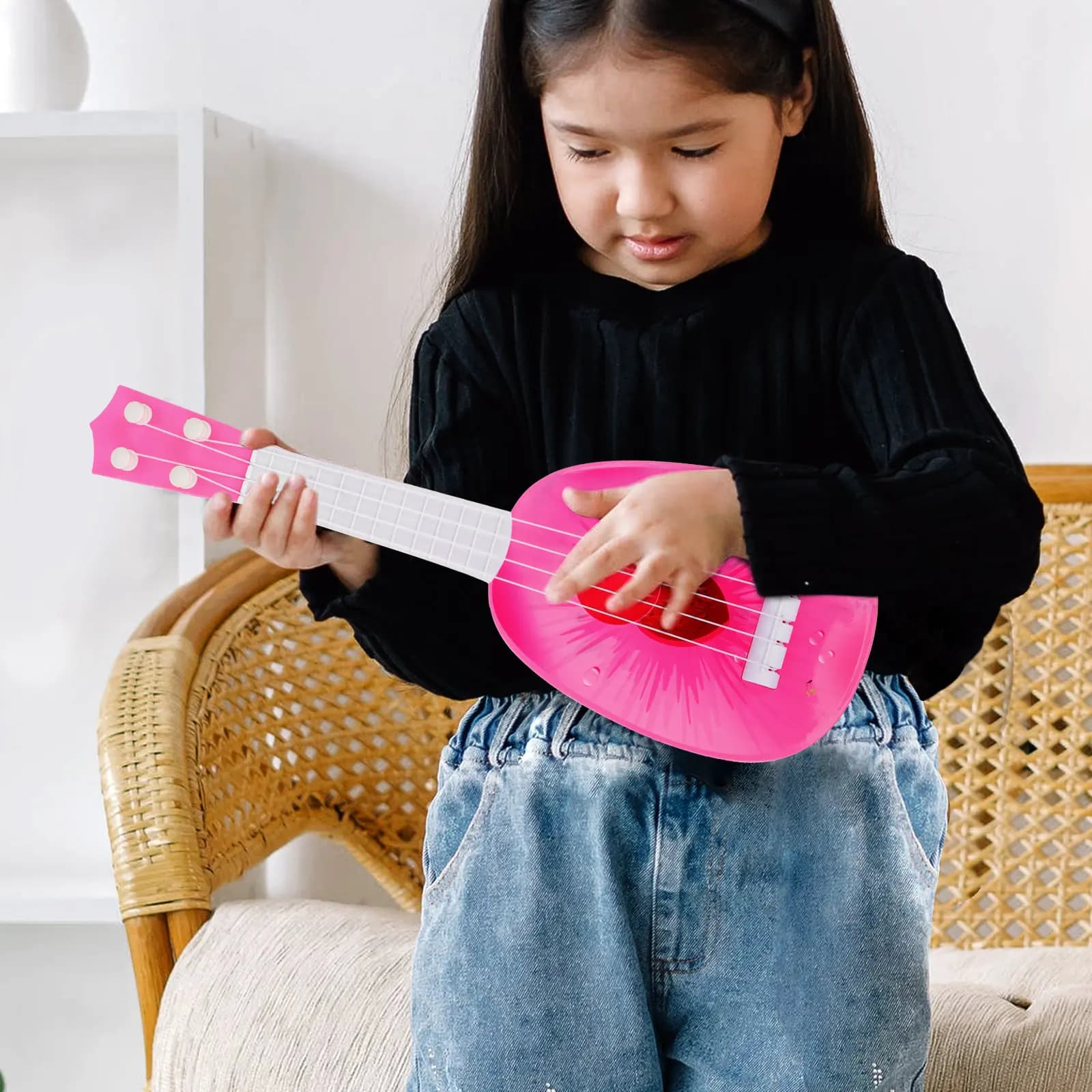 Chitarra per bambini, robusta e sicura, in plastica, per l'apprendimento precoce, mini strumento musicale, ukulele, giocattolo per bambini, mini chitarra giocattolo in plastica