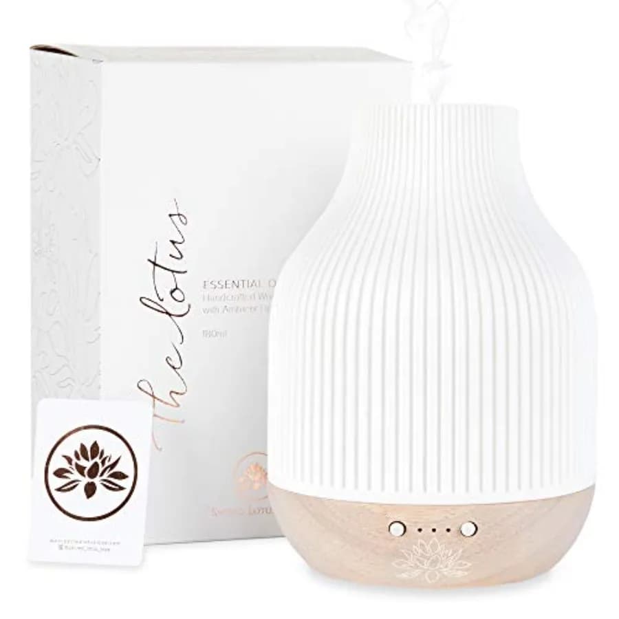 Diffusore di Oli Essenziali in Ceramica, Diffusore di Aromi a Ultrasuoni con Base in Legno, Luce LED Ambientale e Impostazioni Timer