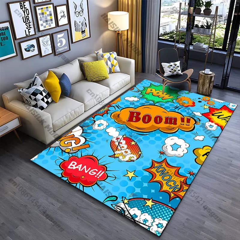 Tappeto con suoni di azione da fumetto, tappeto da yoga, decorazione per soggiorno, tappetino per gattonare per bambini, zerbino, tappeto per area giochi