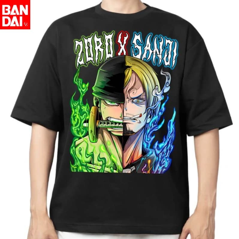 One Piece 2026 Streetwear Anime Oversize Men's Cotton T-shirt with Short Sleeve for Every Day Zoro Sanji Fusion Green Blue Flame