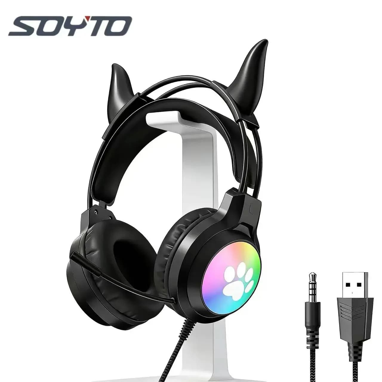 Cuffie Gaming Cablate SOYTO con Luci RGB, Orecchie da Diavolo, Cancellazione del Rumore, Bassi Profondi 3D, Universali per Desktop, Laptop e PC