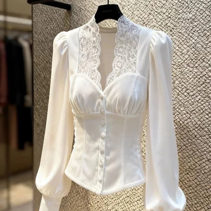 Top con temperamento sottile patchwork in pizzo con scollo a V Abbigliamento donna Nuove magliette eleganti solide a maniche lunghe Moda Ufficio Primavera Autunno