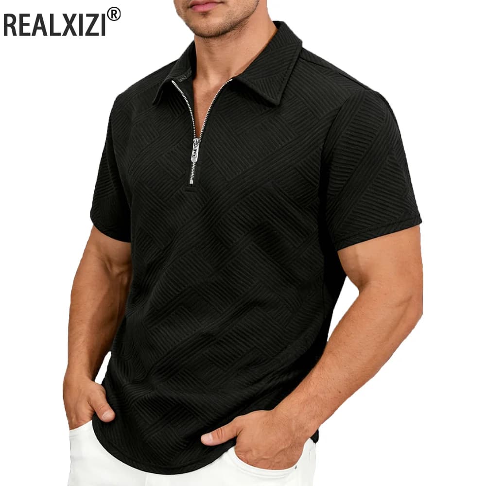 Men's summer knitted shirt with textured ribbed ribbed, plain, sporty, with half zip, casual, short sleeves