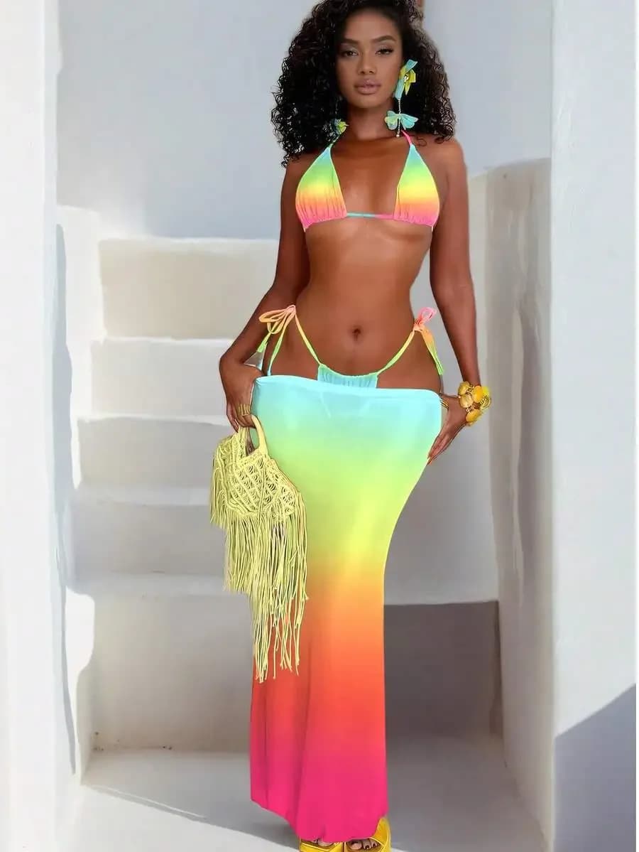Set bikini ombre da 3 pezzi con gonna in rete per donna, costume da bagno da spiaggia