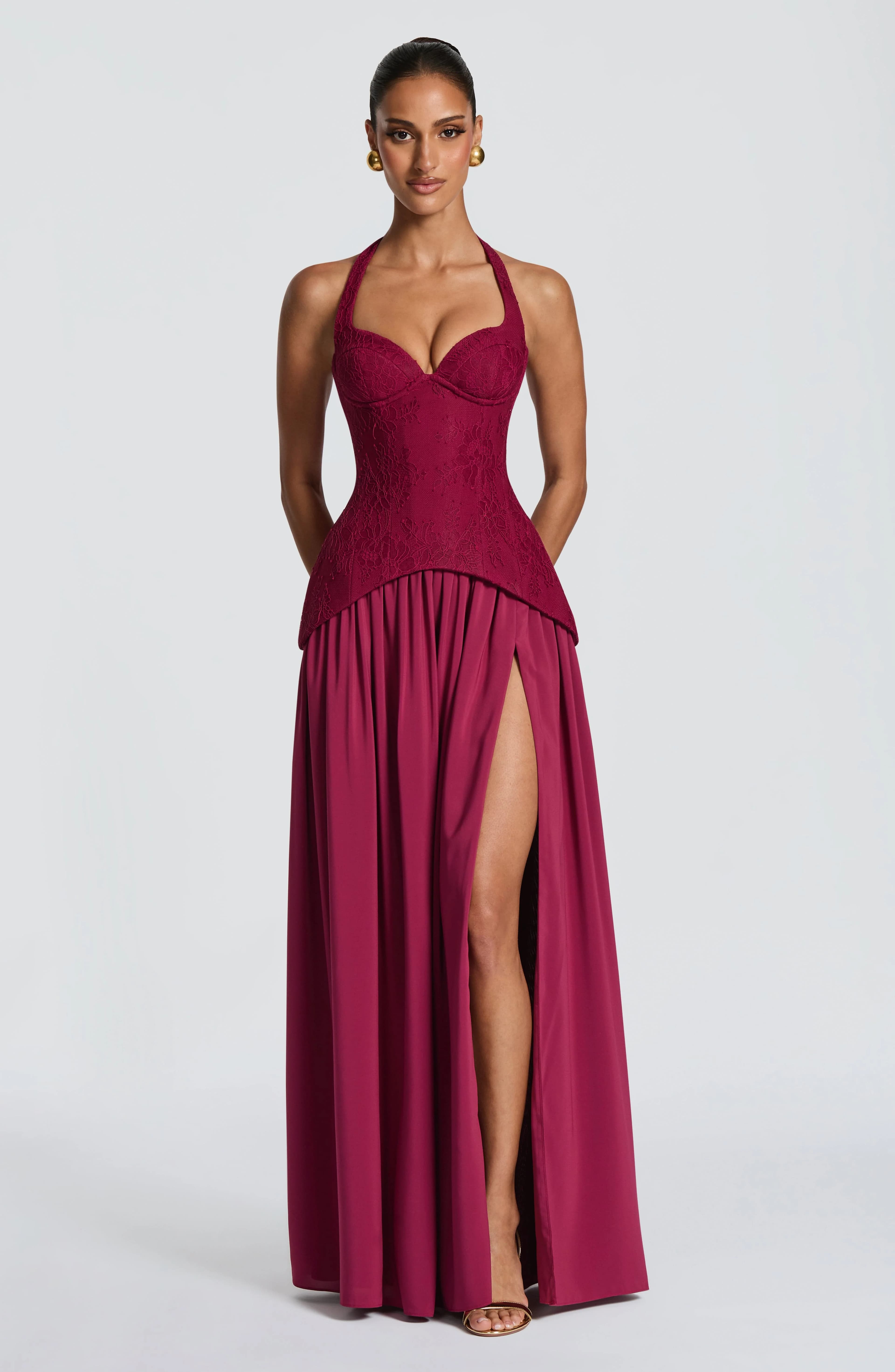 Backless Lace Corset Maxi Dress High Slit Flowy Chiffon Dresses Women Pageant Gala Floor Length Formal Evening Prom Gown
