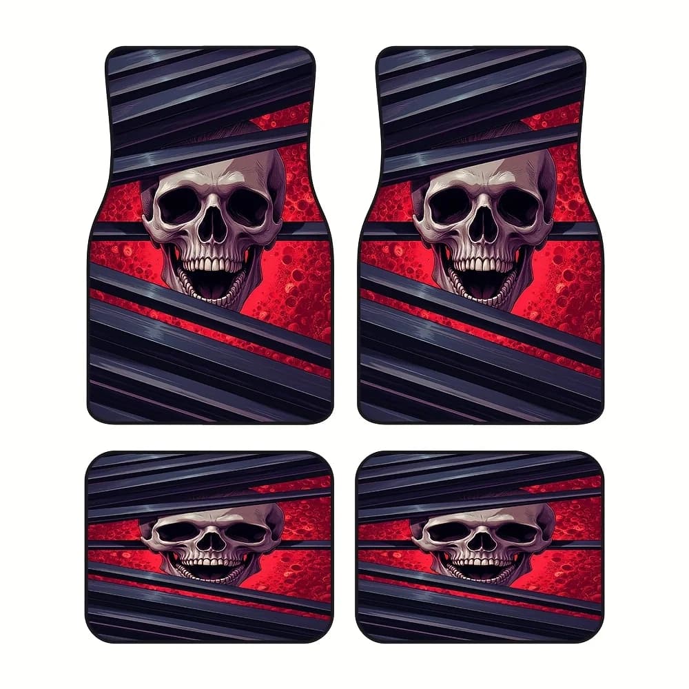 4pcs Car Floor Mats Highlighting Skull Peeking Through Blind Blades Motif, Ideal For Crossovers Or Trucks, Including Easy Mainte