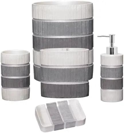Set di Accessori Bagno Moderni - Dispenser Lozione, Portasapone, Portaspazzolino, Bicchiere e Cestino - Essenziali Eleganti per il Bagno