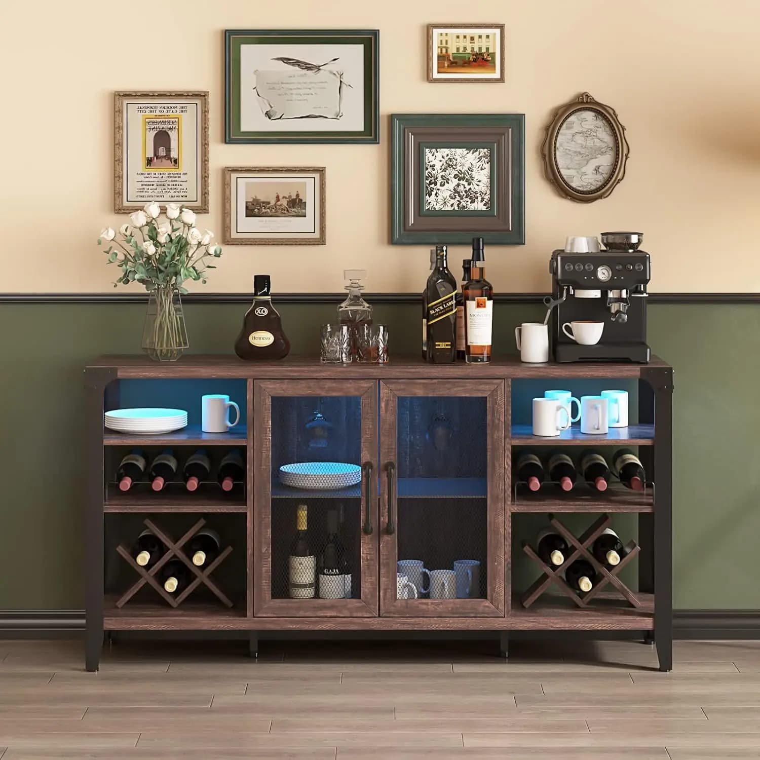 Mobile Bar da 58 Pollici con Portabottiglie, Armadietto per Alcolici con Striscia LED, Mobile Bar per Sala da Pranzo, Personalizzabile