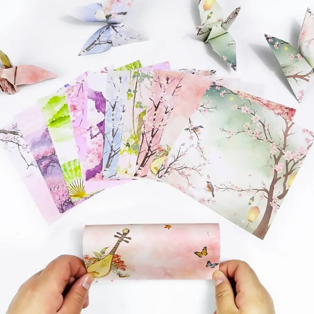 60 Sheets Chinese Style Origami Paper Cherry Blossom Floral Double-Sided Printed Floral Craft Paper Traditional Landscape