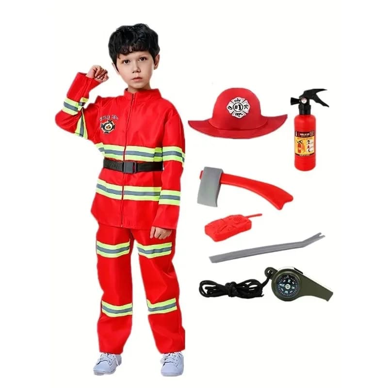 3-12Y Child Red Firefighter Dress Up Costume Complete Set with Whistle Realistic Toy Uniform for Pretend Play Party Performance