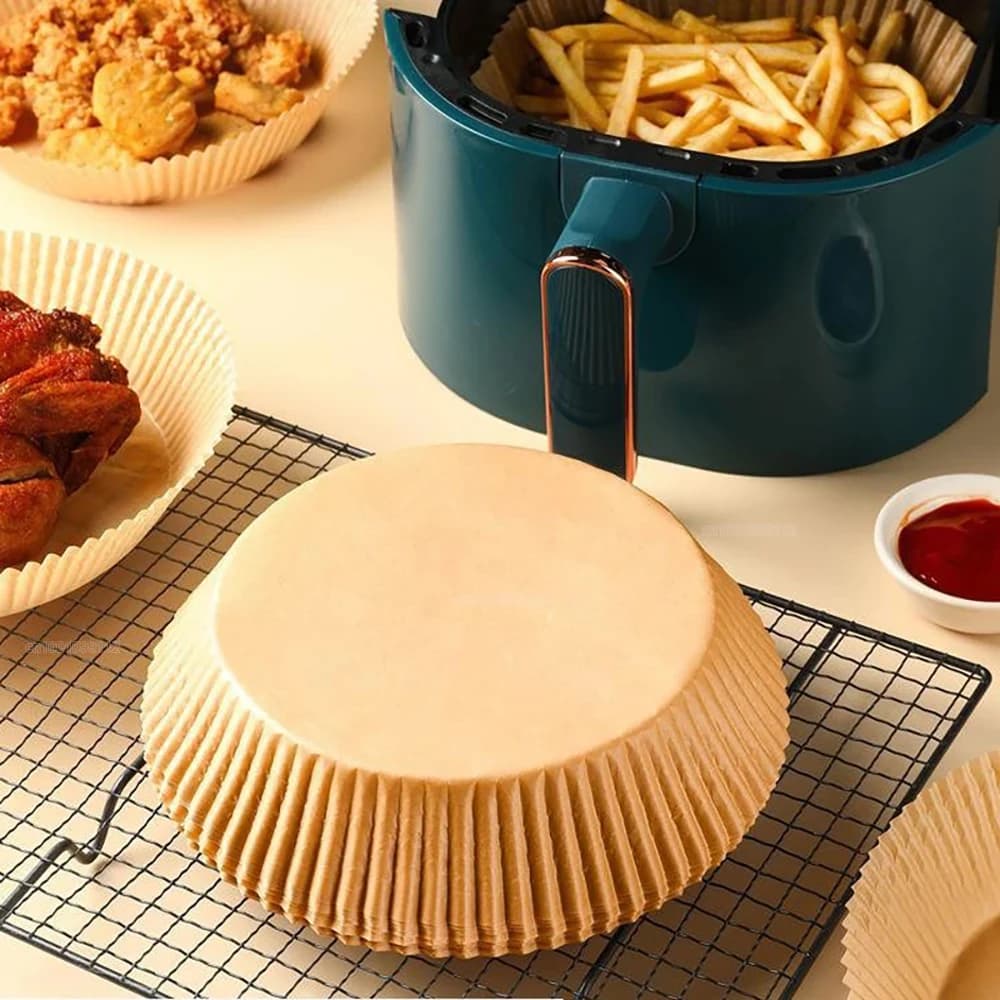 50 Pezzi Carta da Forno Monouso Antiaderente per Friggitrice ad Aria, Fogli Rotondi per Air-Fryer, Accessori da Cucina