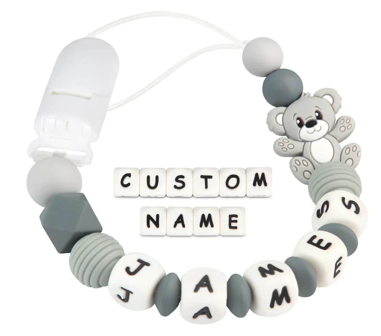 Clip per catena per ciuccio per bambini con nome personalizzato con ciondolo a forma di orso