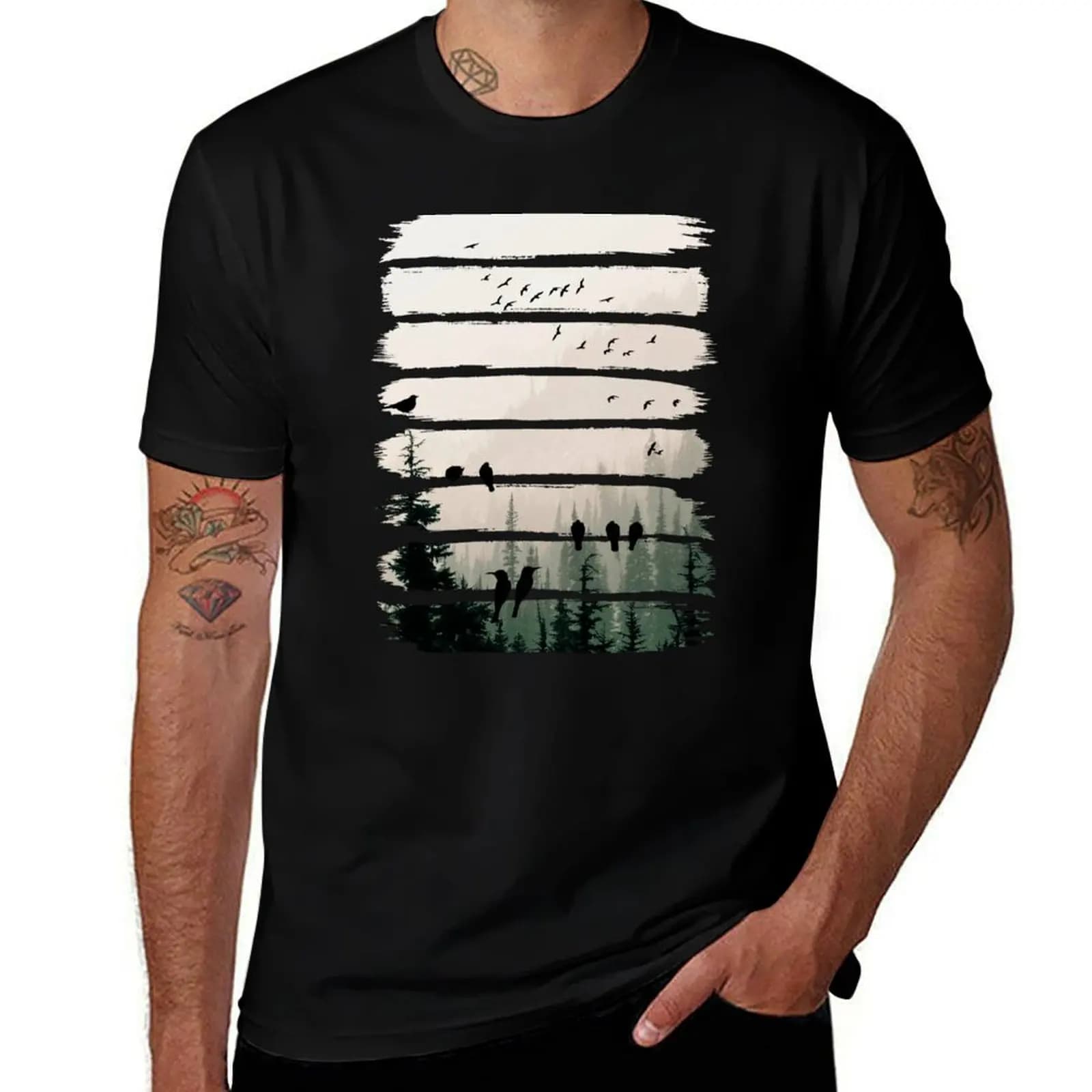 Birds Watching Birds At Sunset T-Shirt Casual Everyday Short Sleeve T-Shirt