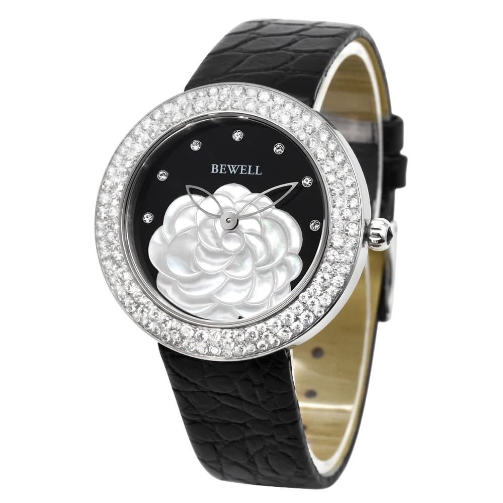 Orologio da donna alla moda al quarzo in acciaio inossidabile con cinturino in pelle tempestato di diamanti e quadrante a forma di conchiglia e fiore